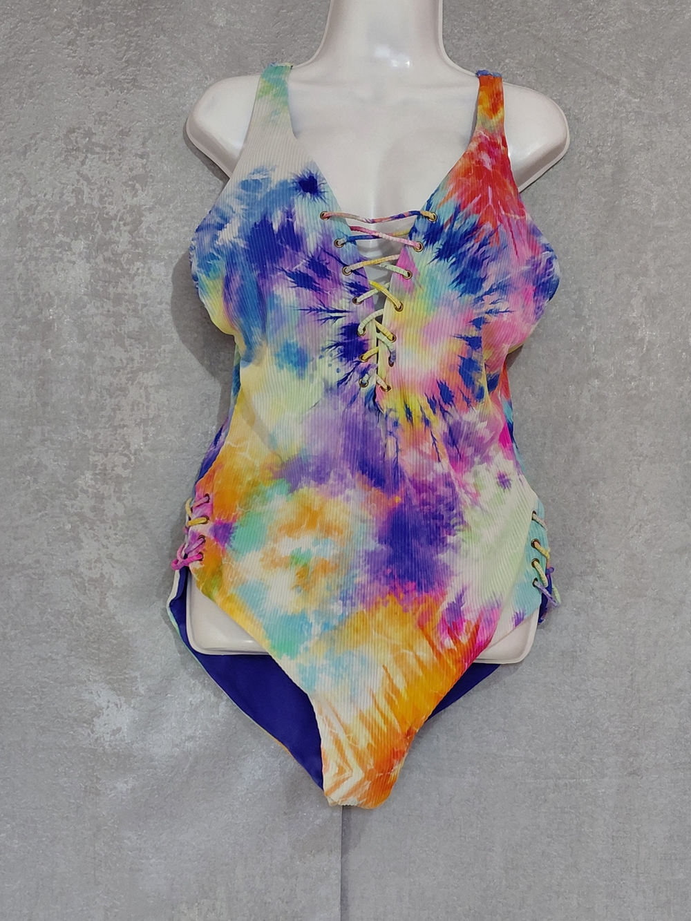 Costal Waves Women's Plus Sz 2x Tie Dye One Pice Swimsuit Lace Up Y2k Style